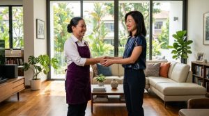 Domestic helper shaking hands with her employer in a Bukit Timah landed home