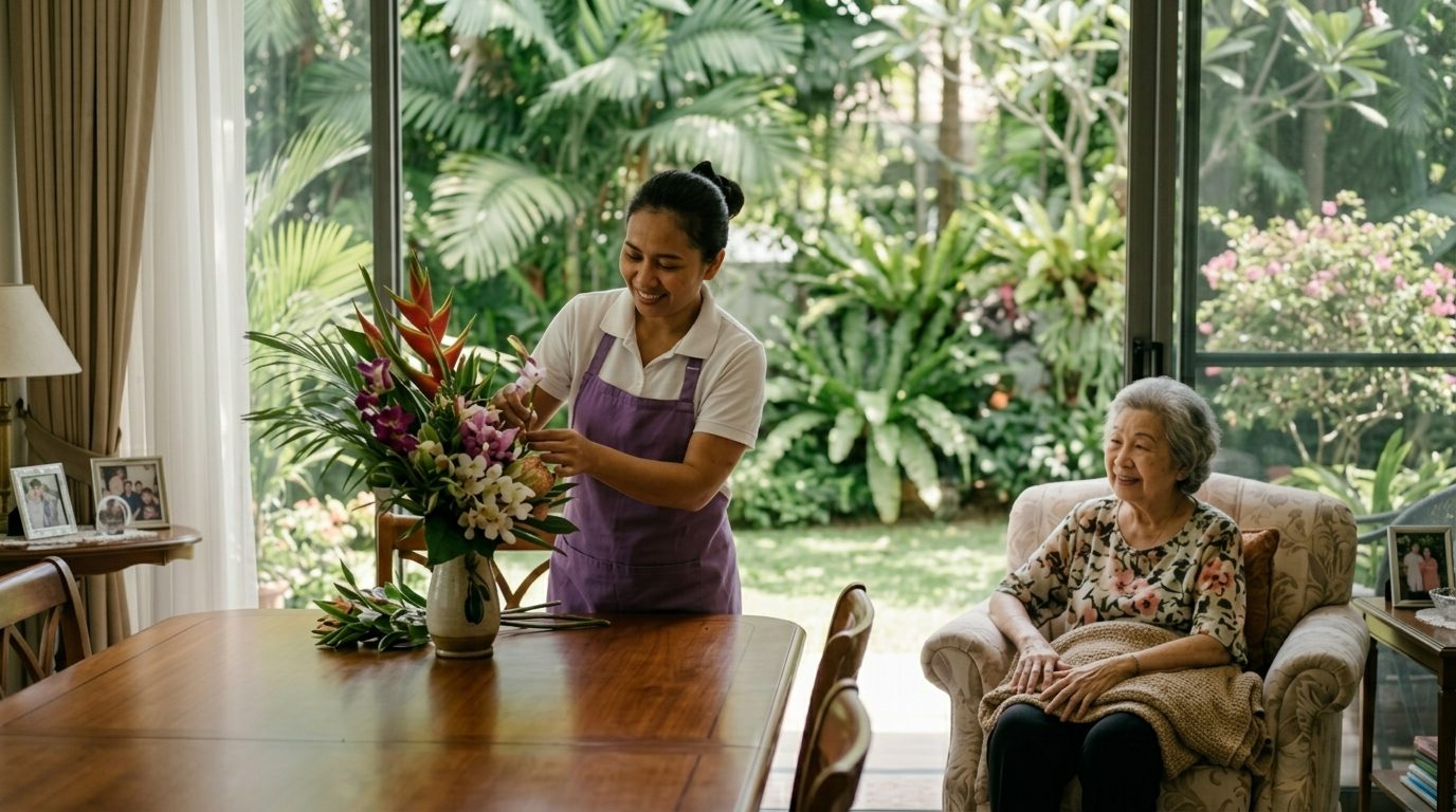 Domestic helper arranging flowers while an elderly resident relaxes beside the garden windows