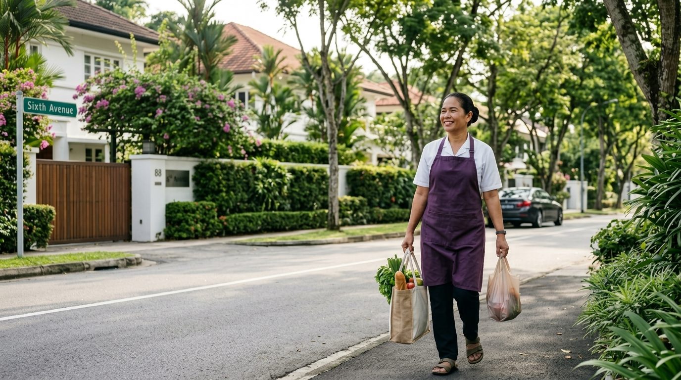 Domestic helper carrying groceries along Sixth Avenue in Bukit Timah, Singapore