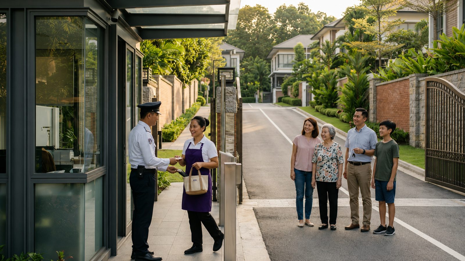 Domestic helper checking in at the guardhouse of a gated Binjai Park community