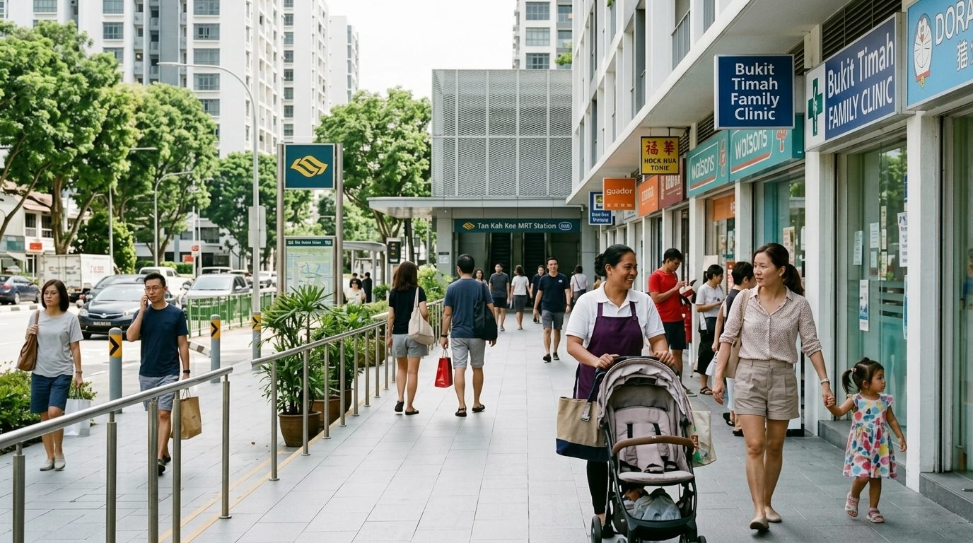 Domestic helper pushing a pram past Tan Kah Kee MRT Station in Bukit Timah
