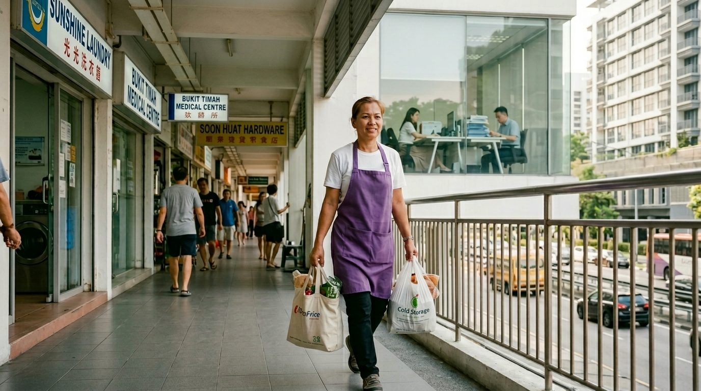 Domestic helper walking with grocery bags along an Upper Bukit Timah Road shophouse row