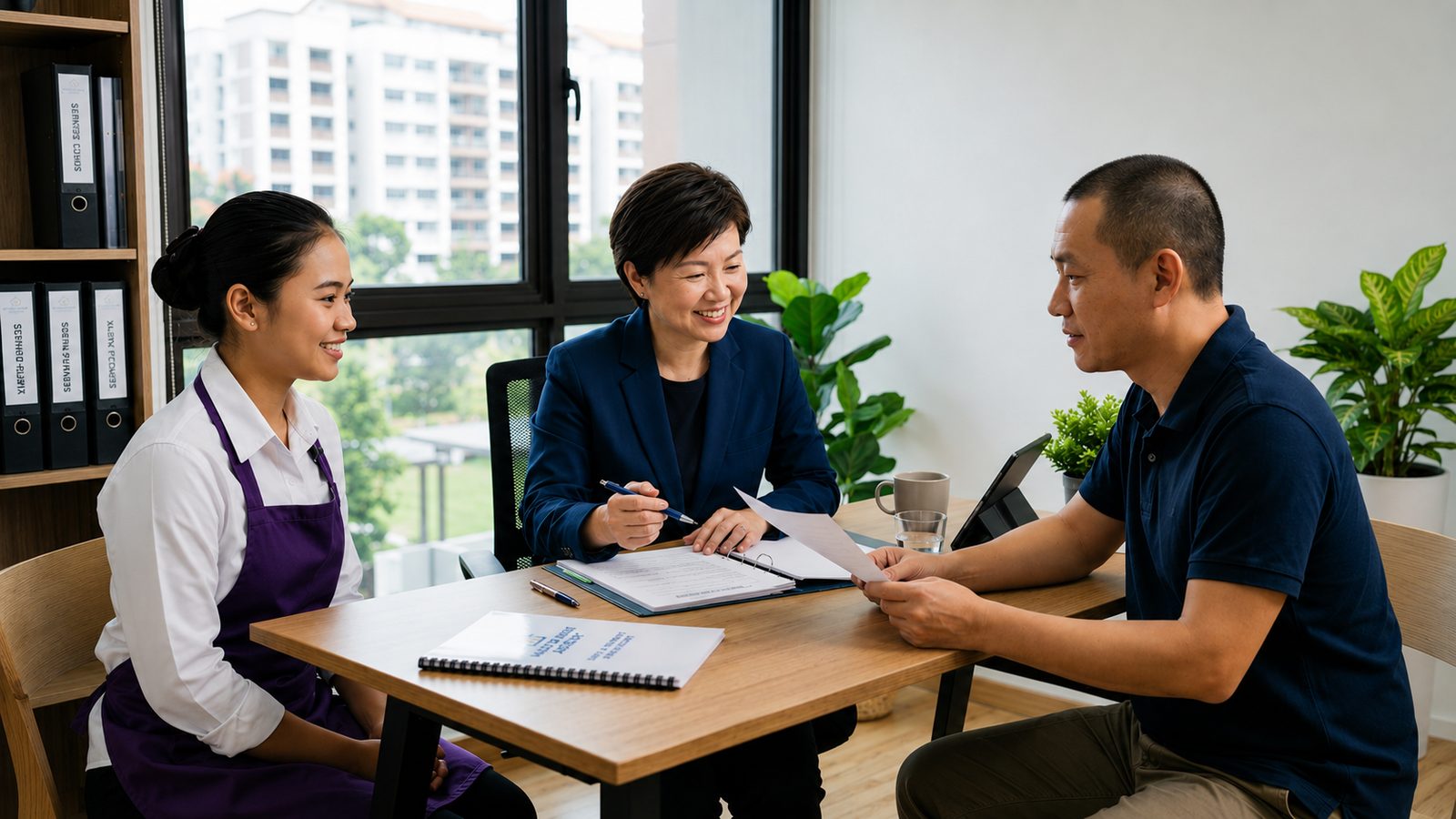 Maid agency consultant meeting an employer and a domestic helper at the Bukit Timah office