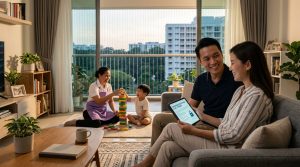 Parents reviewing an insurance policy on a tablet while their domestic helper plays with their son