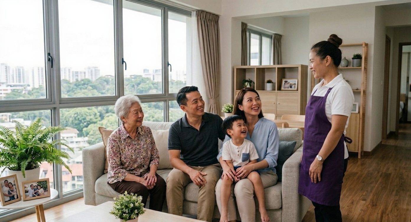 Domestic helper greeting a multi-generational Singapore family in their living room