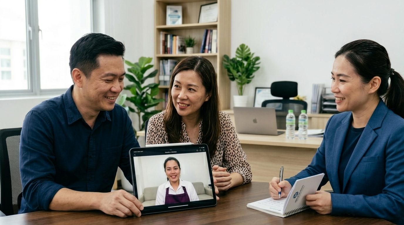 Couple reviewing a helper's profile on a tablet during an interview with an agency consultant