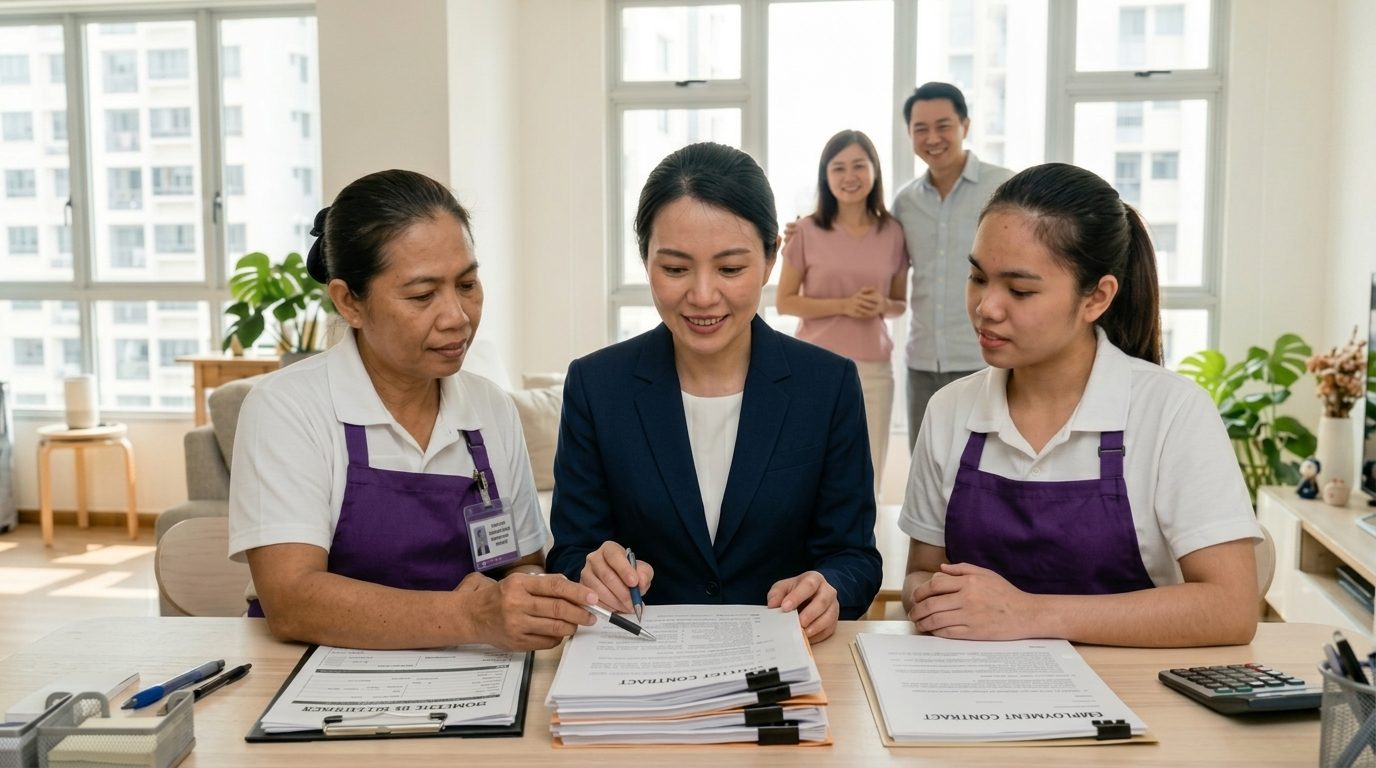 Agency consultant going through an employment contract with two domestic helpers