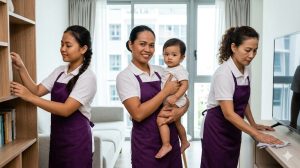 Three domestic helpers working in a Singapore living room, tidying shelves, carrying a baby and cleaning