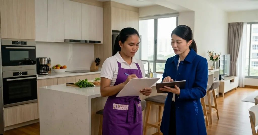 Domestic helper taking notes on a clipboard while her employer reviews details on a tablet