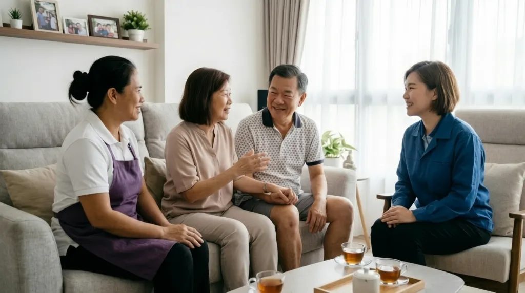 Agency relationship manager talking with an elderly couple and their helper over tea