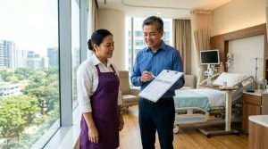 Employer reviewing a medical claim form with his domestic helper in a Singapore hospital room