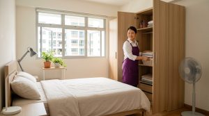 Domestic helper arranging linen in her own room in a Singapore HDB flat