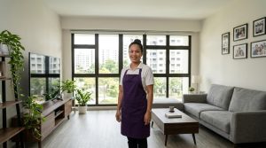 Domestic helper in a purple apron standing in a bright Singapore HDB living room