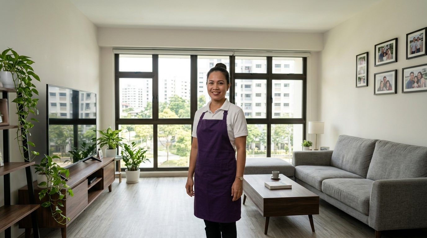 Domestic helper in a purple apron standing in a bright Singapore HDB living room