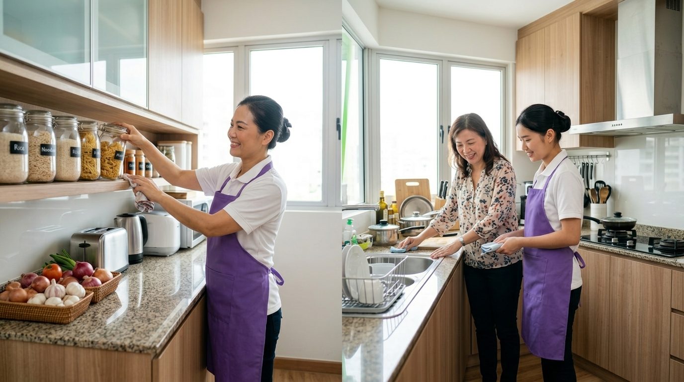 Side-by-side comparison: a helper organising a kitchen pantry and a helper washing dishes with her employer