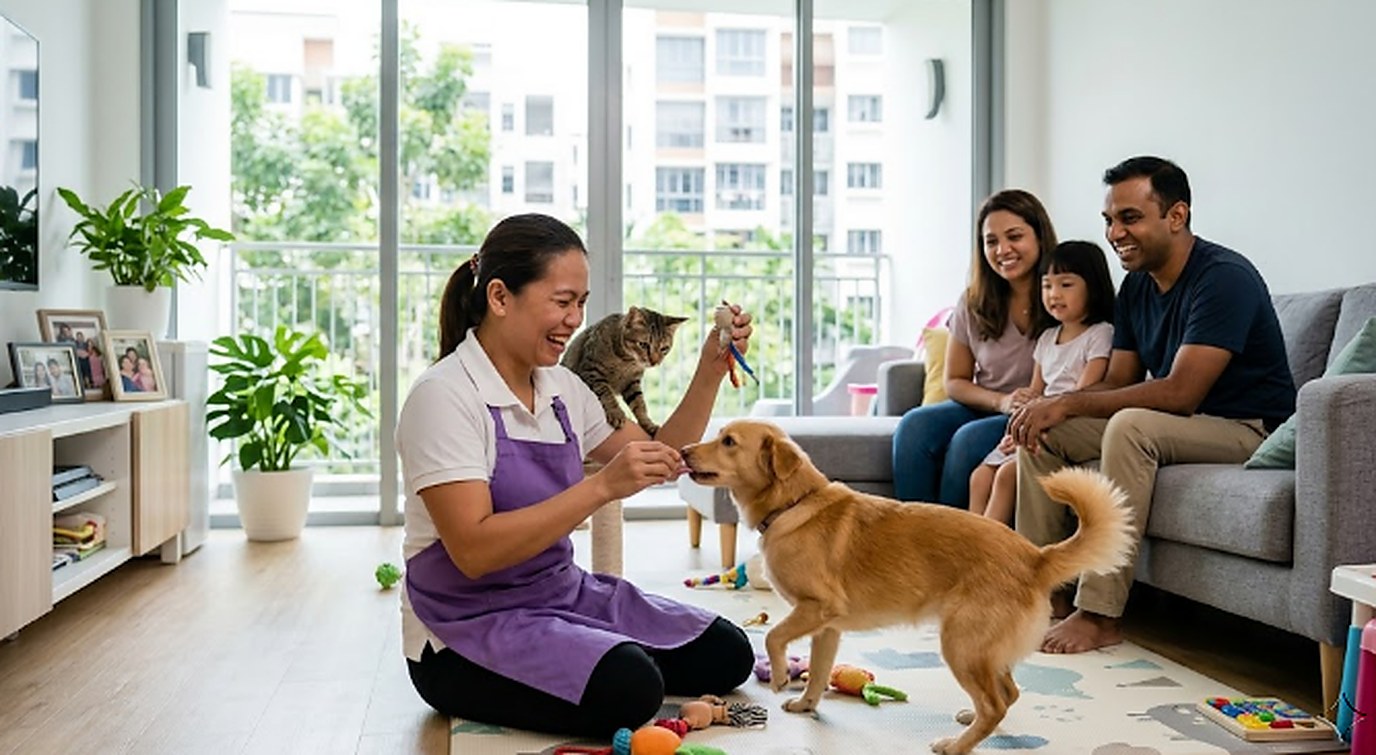 Domestic helper playing with the family dog and cat while parents and child watch from the sofa