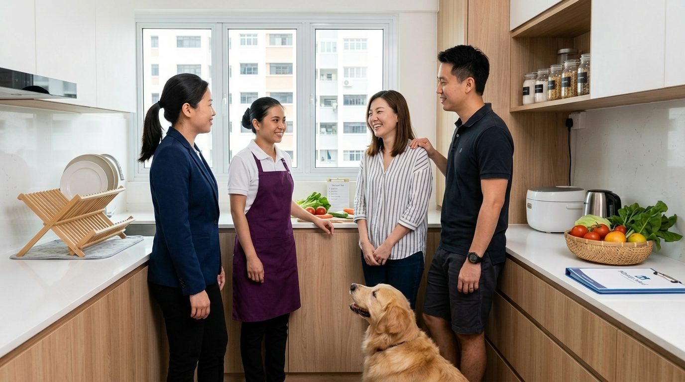 Maid agency consultant introducing a domestic helper to a Singapore couple in their kitchen