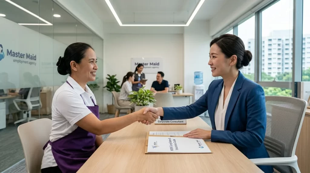 Employer and domestic helper discussing domestic helper insurance in Singapore